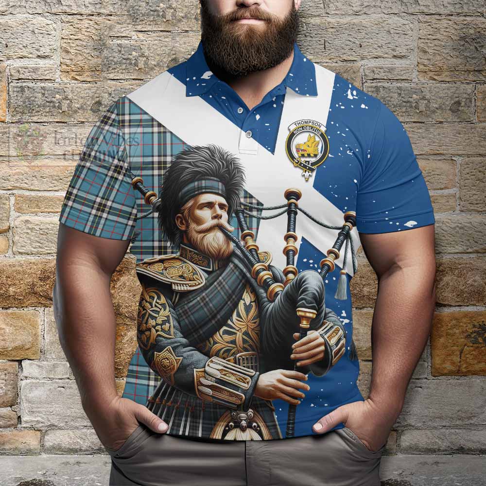 Tartan Vibes Clothing Thompson (Thomson) Tartan Polo Shirt with Family Crest Scottish Bagpiper Vibes