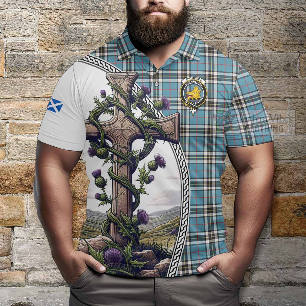 Tartan Vibes Clothing Thompson (Thomson) Tartan Polo Shirt with Family Crest and St. Andrew's Cross Accented by Thistle Vines