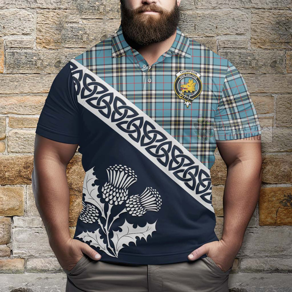 Thompson (Thomson) Tartan Polo Shirt Featuring Thistle and Scotland Map