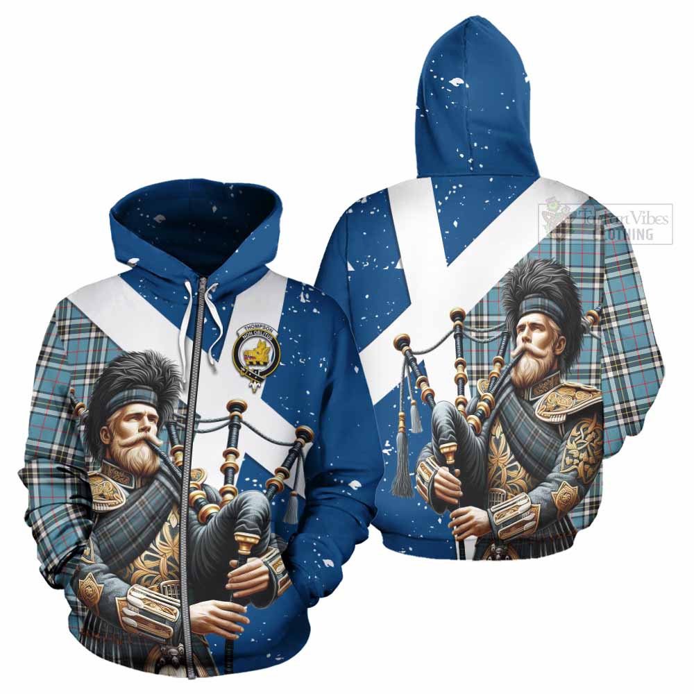 Tartan Vibes Clothing Thompson (Thomson) Tartan Hoodie with Family Crest Scottish Bagpiper Vibes