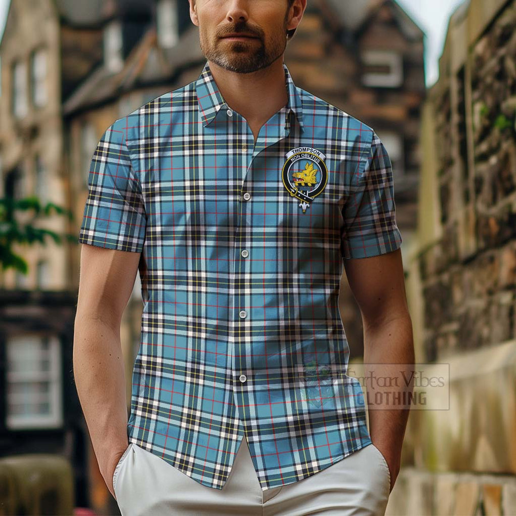 Tartan Vibes Clothing Thompson (Thomson) Tartan Short Sleeve Button Shirt with Family Crest and Bearded Skull Holding Bottles of Whiskey