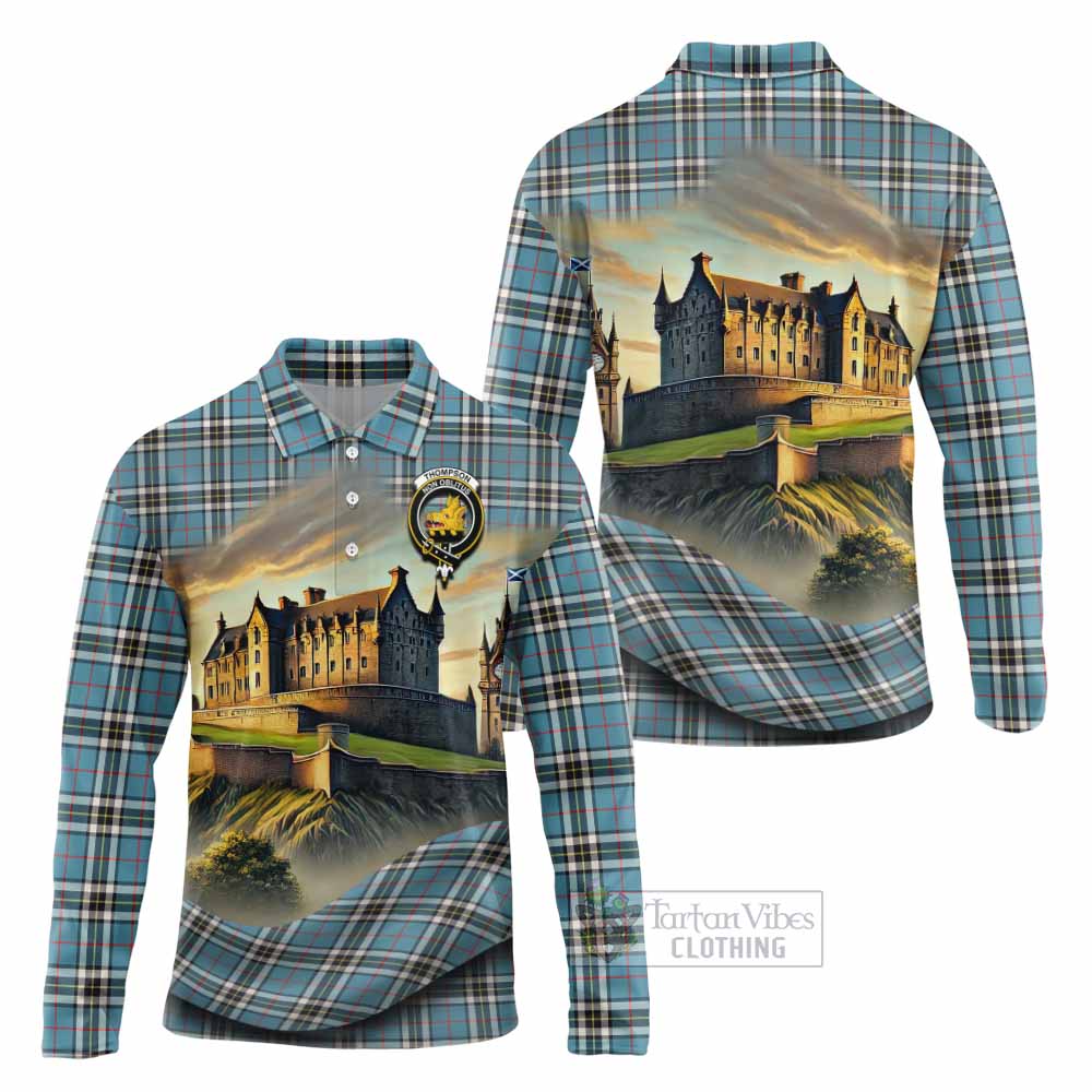 Tartan Vibes Clothing Thompson (Thomson) Tartan Family Crest Long Sleeve Polo Shirt with Scottish Ancient Castle Style
