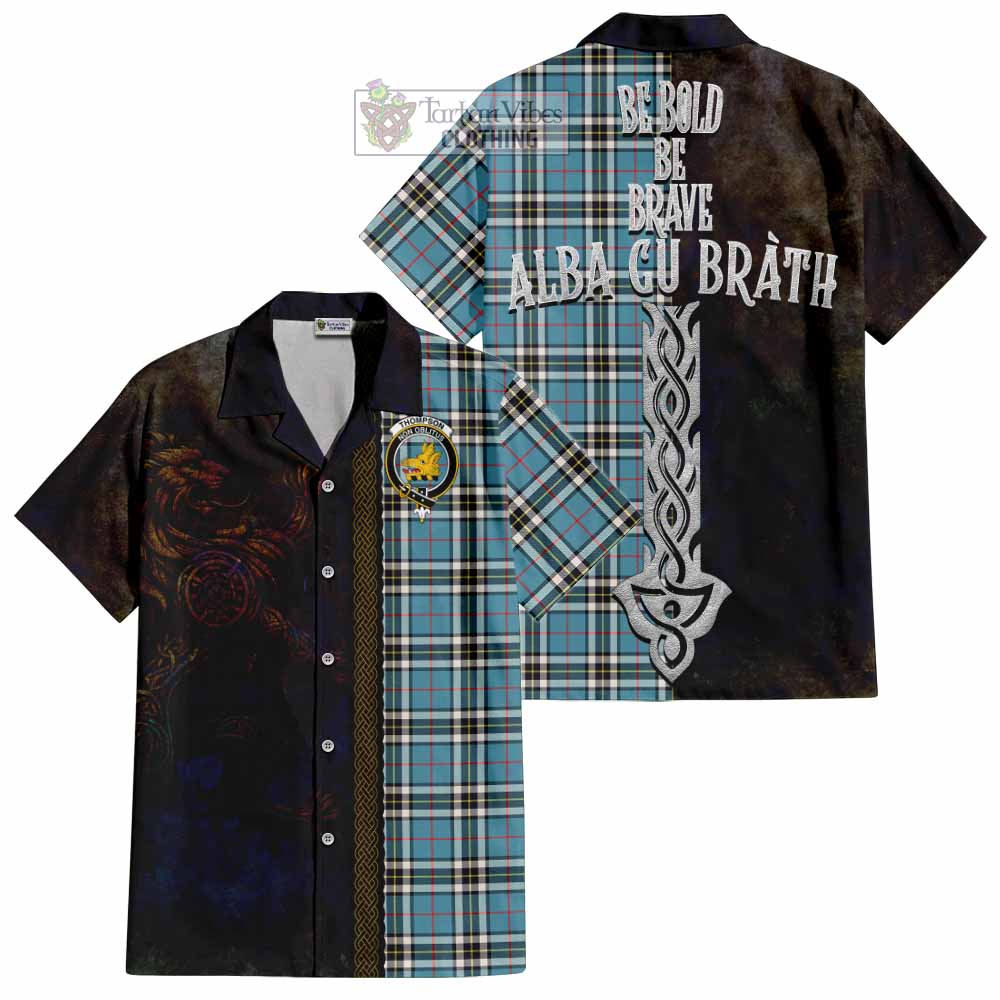 Tartan Vibes Clothing Thompson (Thomson) Tartan Family Crest Short Sleeve Button Shirt Alba Gu Brath Be Brave Lion Ancient Style