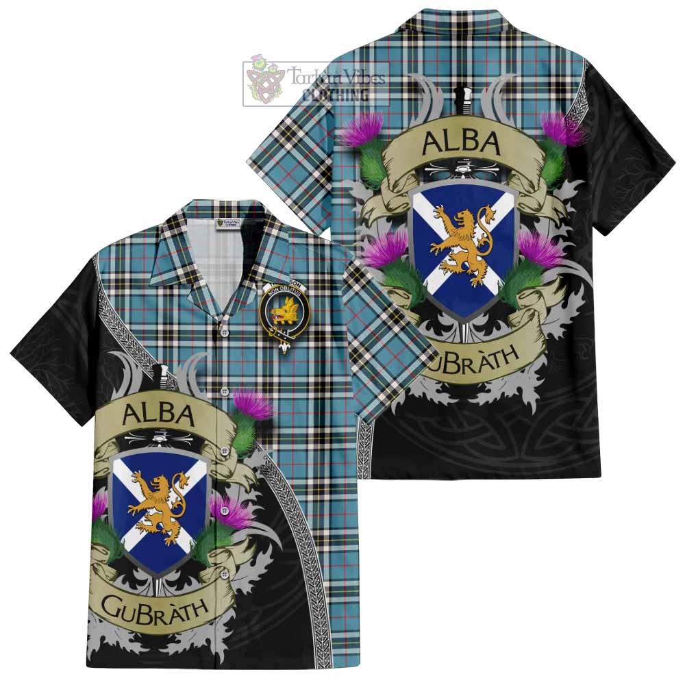 Tartan Vibes Clothing Thompson (Thomson) Tartan Family Crest Short Sleeve Button Shirt Lion Rampant Royal Thistle Shield Celtic Inspired