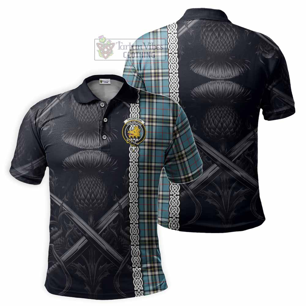 Tartan Vibes Clothing Thompson (Thomson) Tartan Polo Shirt with Family Crest Cross Sword Thistle Celtic Vibes