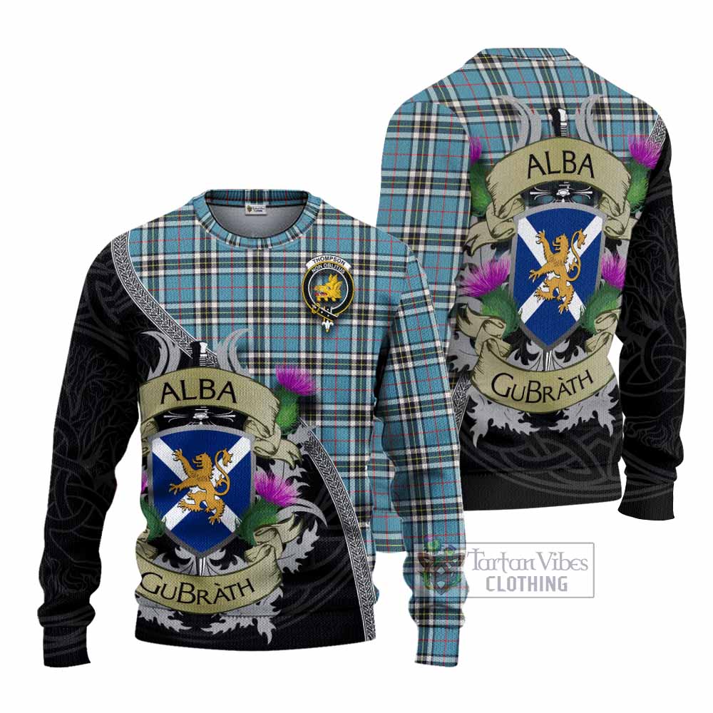 Tartan Vibes Clothing Thompson (Thomson) Tartan Family Crest Knitted Sweater Lion Rampant Royal Thistle Shield Celtic Inspired