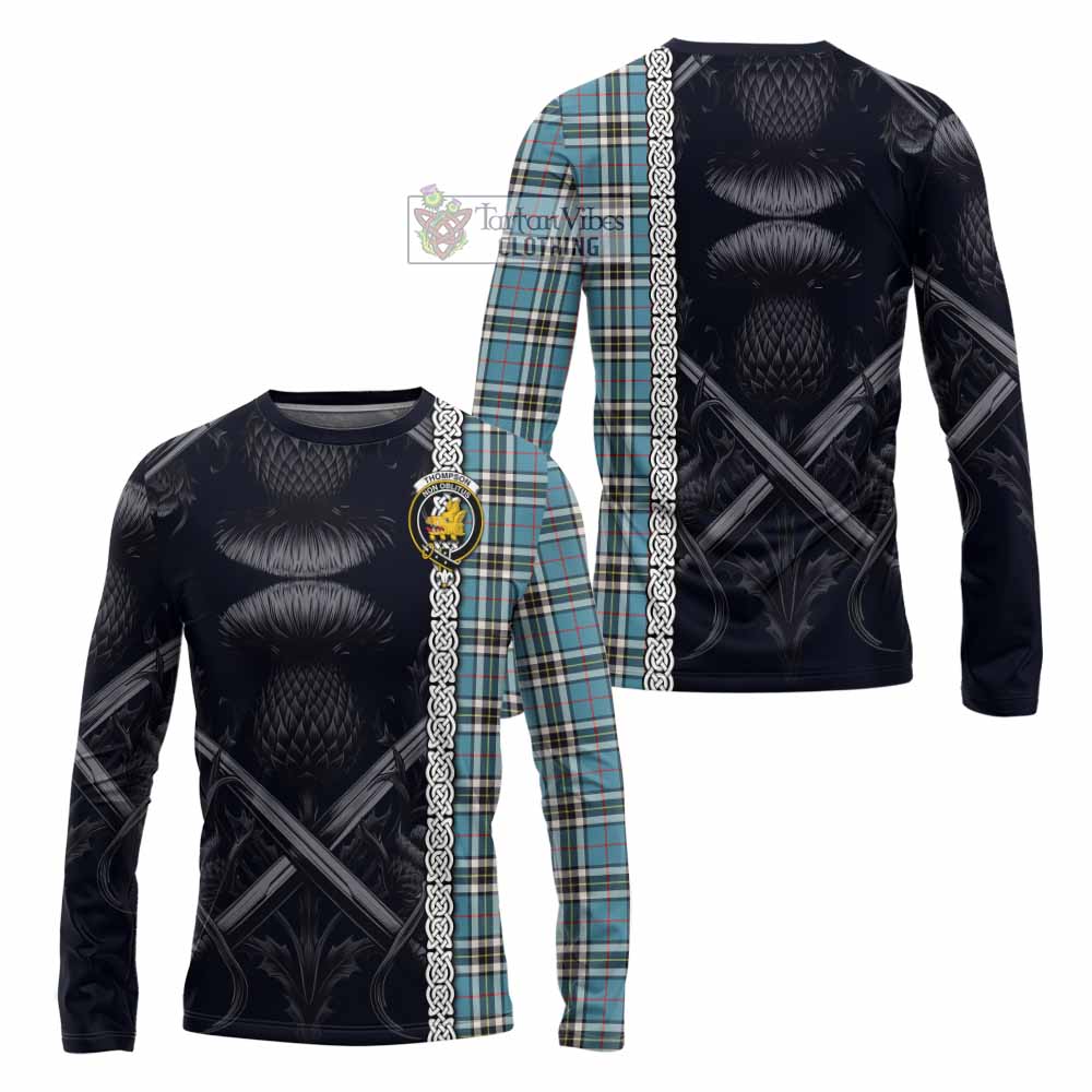 Tartan Vibes Clothing Thompson (Thomson) Tartan Long Sleeve T-Shirt with Family Crest Cross Sword Thistle Celtic Vibes