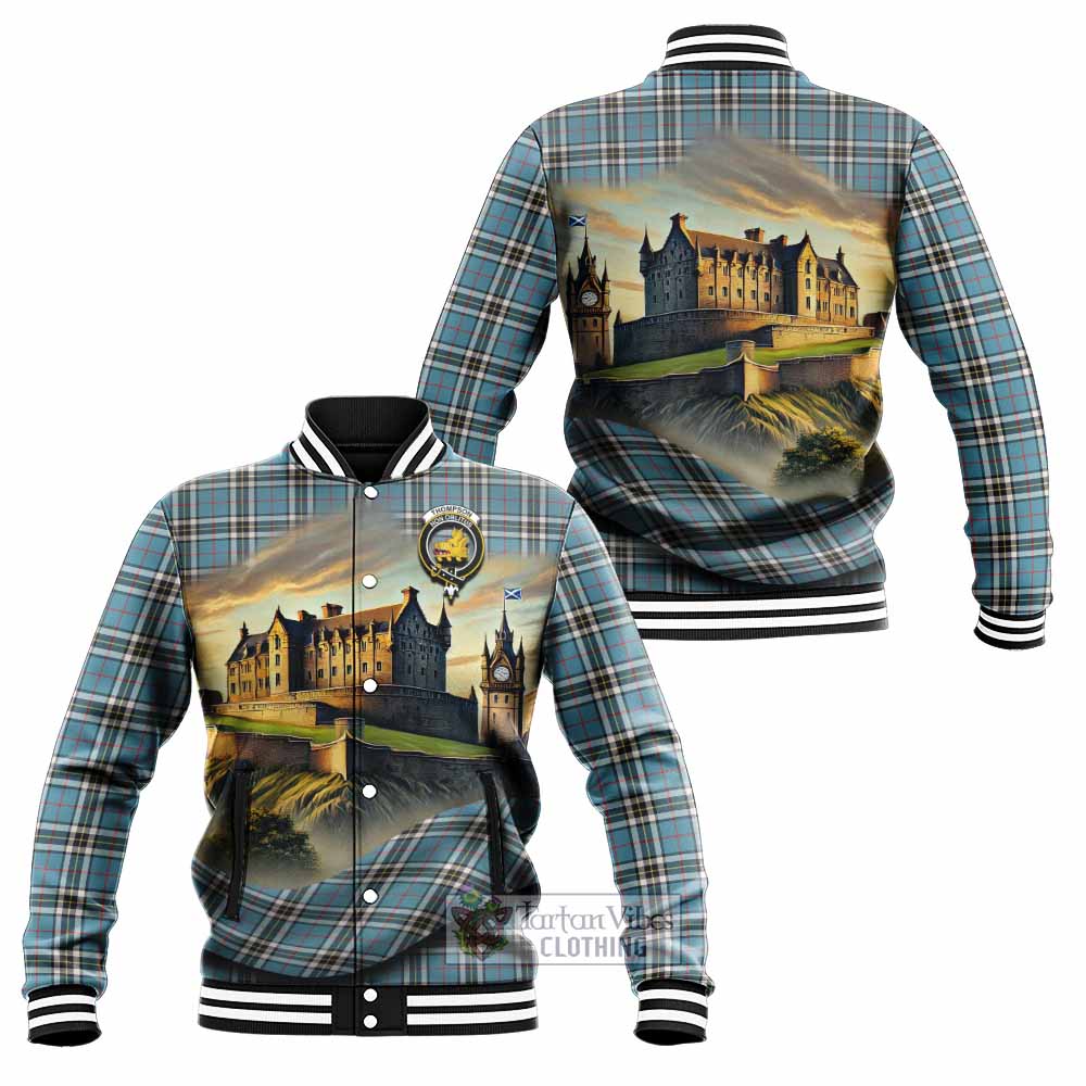 Tartan Vibes Clothing Thompson (Thomson) Tartan Family Crest Baseball Jacket with Scottish Ancient Castle Style