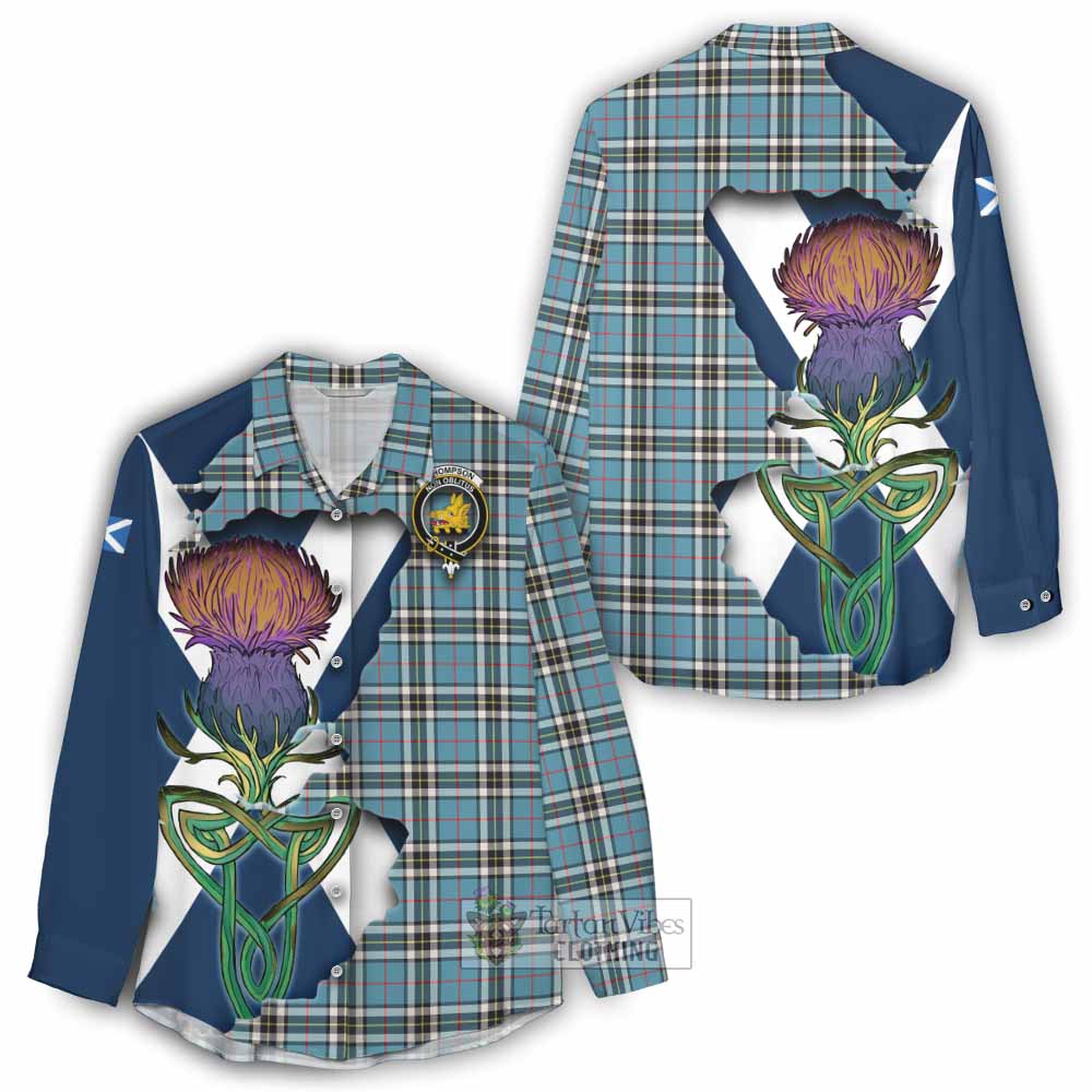 Tartan Vibes Clothing Thompson (Thomson) Tartan Family Crest Women's Casual Shirt Scottish Thistle Celtic Inspired