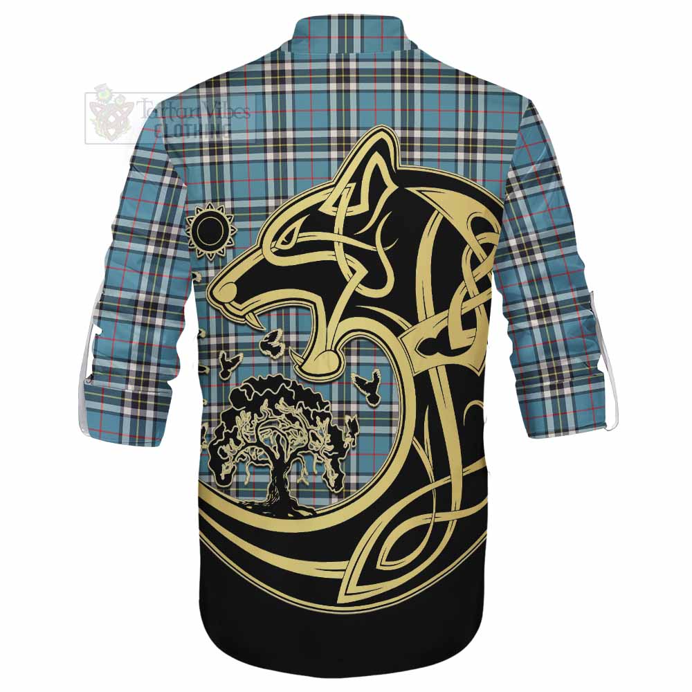 Tartan Vibes Clothing Thompson (Thomson) Tartan Ghillie Kilt Shirt with Family Crest Celtic Wolf Style