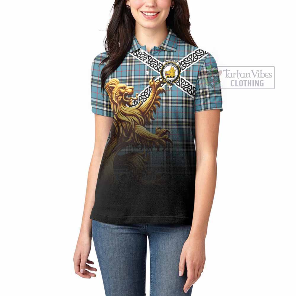 Tartan Vibes Clothing Thompson (Thomson) Crest Tartan Women's Polo Shirt with Golden Lion Emblem Celtic Style