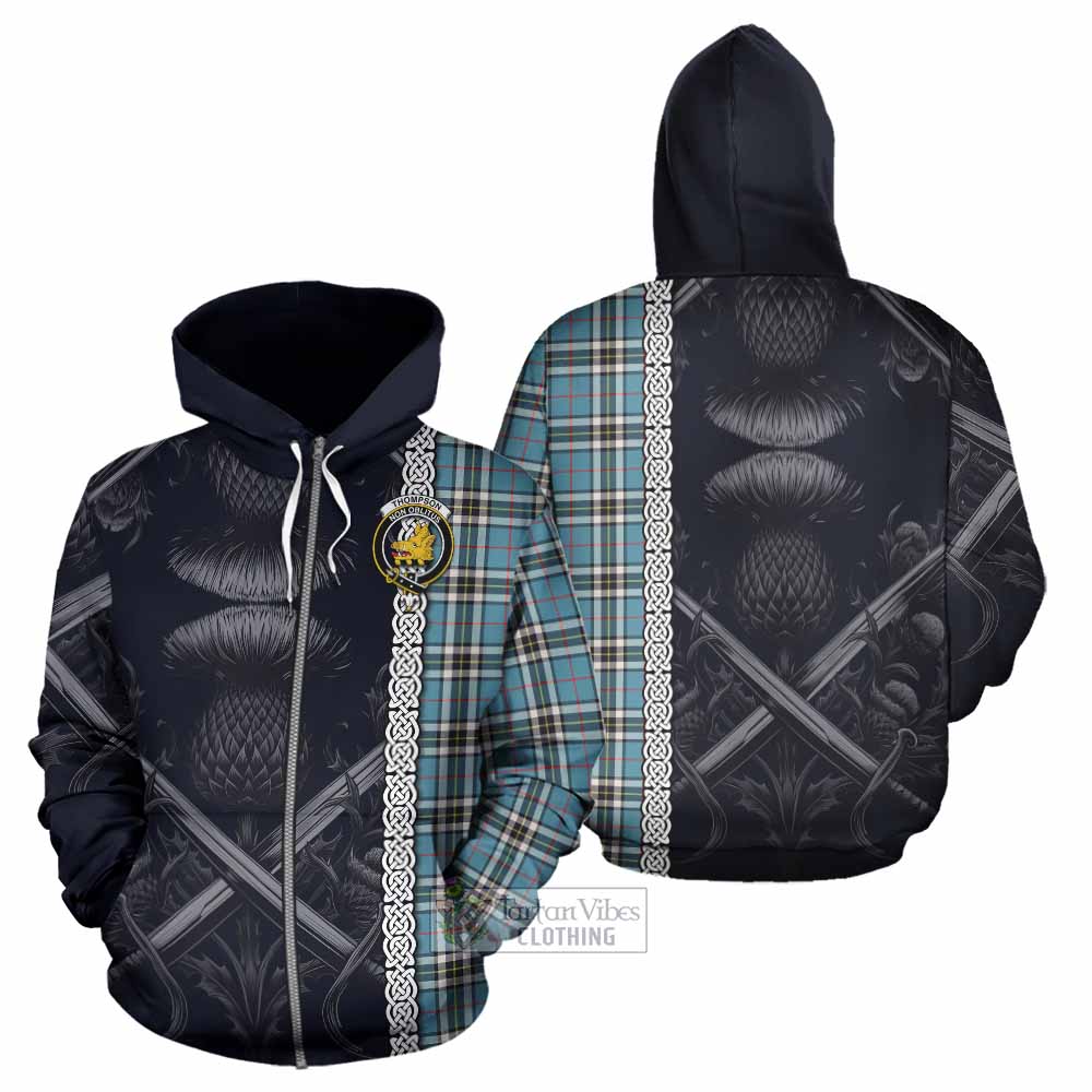 Tartan Vibes Clothing Thompson (Thomson) Tartan Hoodie with Family Crest Cross Sword Thistle Celtic Vibes