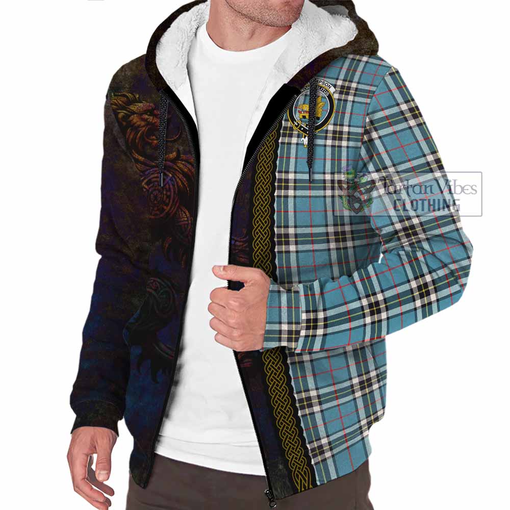Tartan Vibes Clothing Thompson (Thomson) Tartan Family Crest Sherpa Hoodie Alba Gu Brath Be Brave Lion Ancient Style