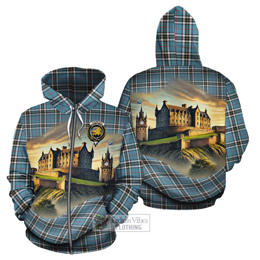 Tartan Vibes Clothing Thompson (Thomson) Tartan Family Crest Cotton Hoodie with Scottish Ancient Castle Style