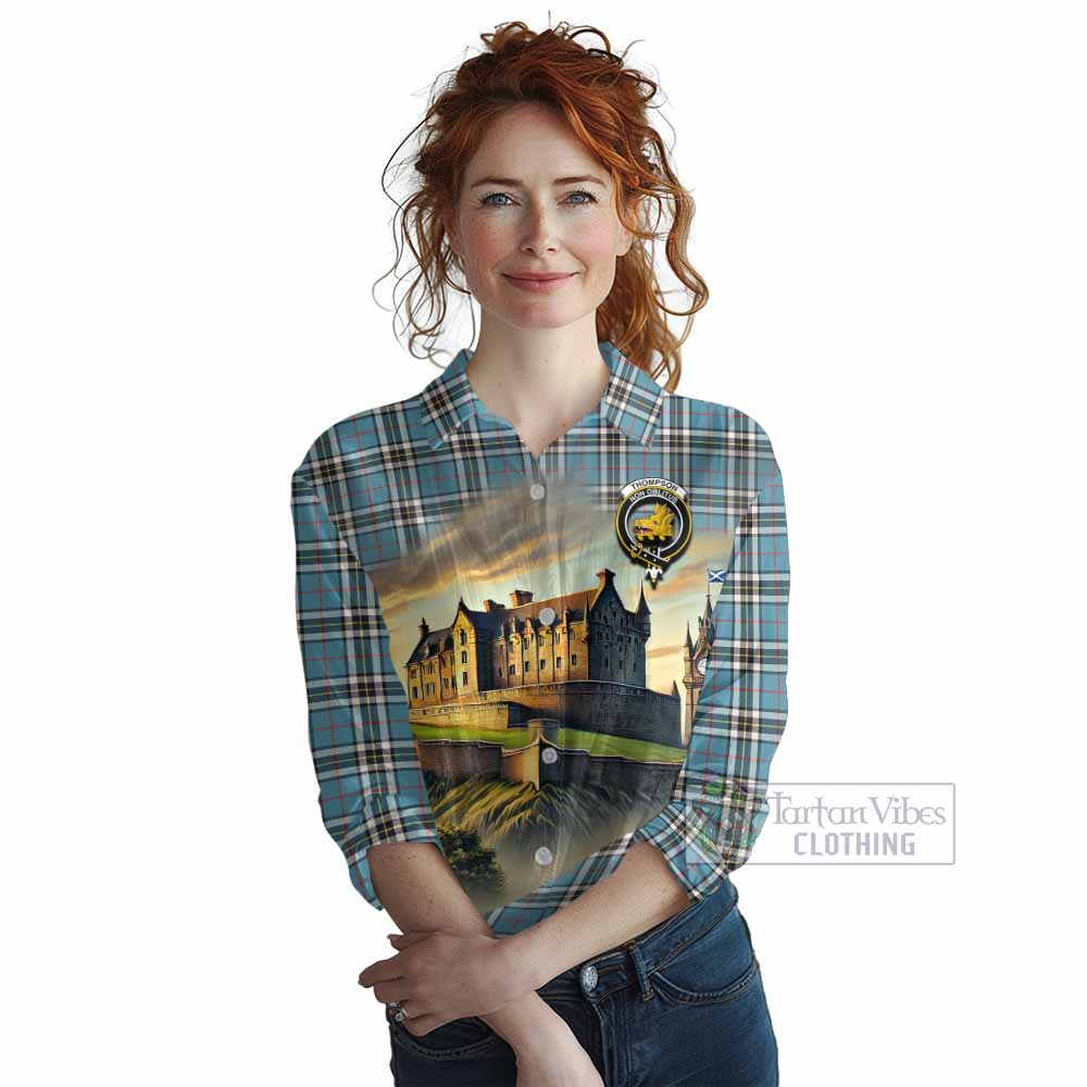 Tartan Vibes Clothing Thompson (Thomson) Tartan Family Crest Women's Casual Shirt with Scottish Ancient Castle Style