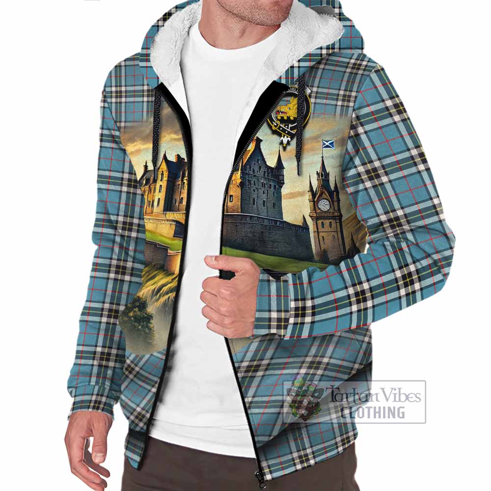 Tartan Vibes Clothing Thompson (Thomson) Tartan Family Crest Sherpa Hoodie with Scottish Ancient Castle Style