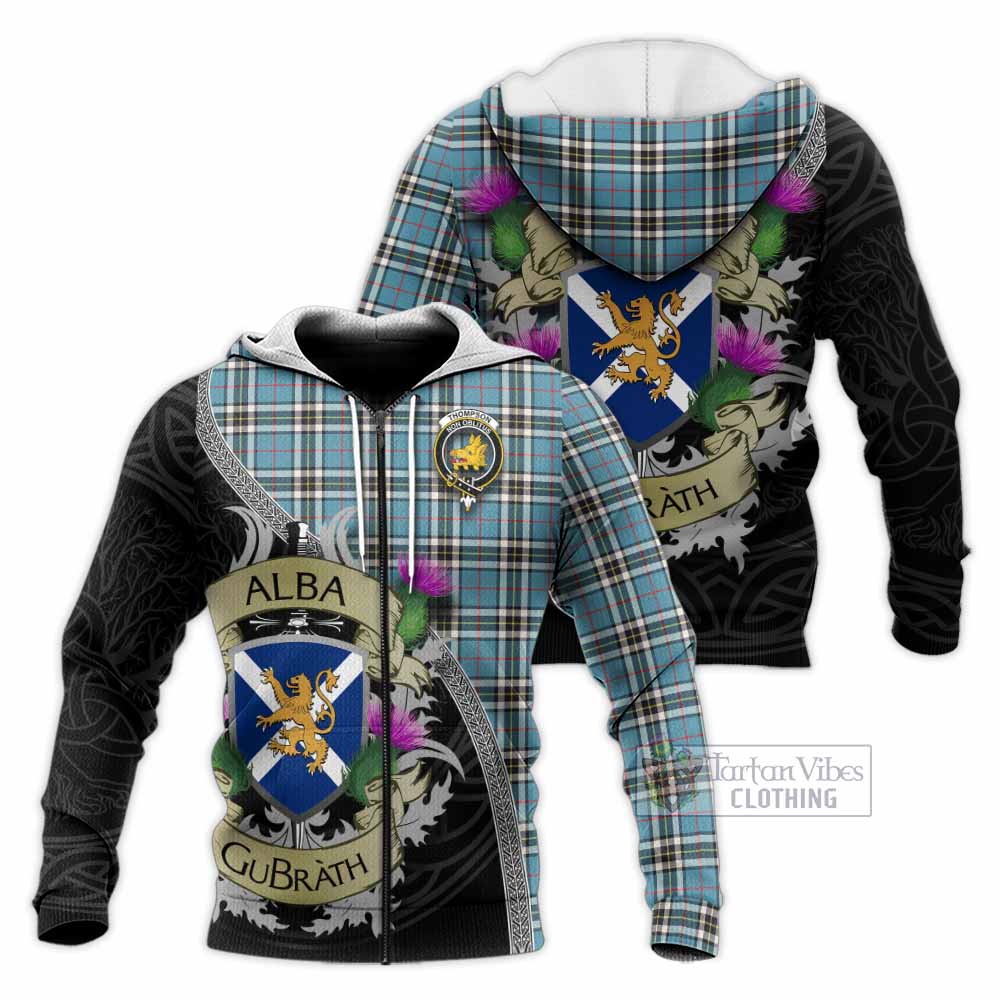 Tartan Vibes Clothing Thompson (Thomson) Tartan Family Crest Knitted Hoodie Lion Rampant Royal Thistle Shield Celtic Inspired