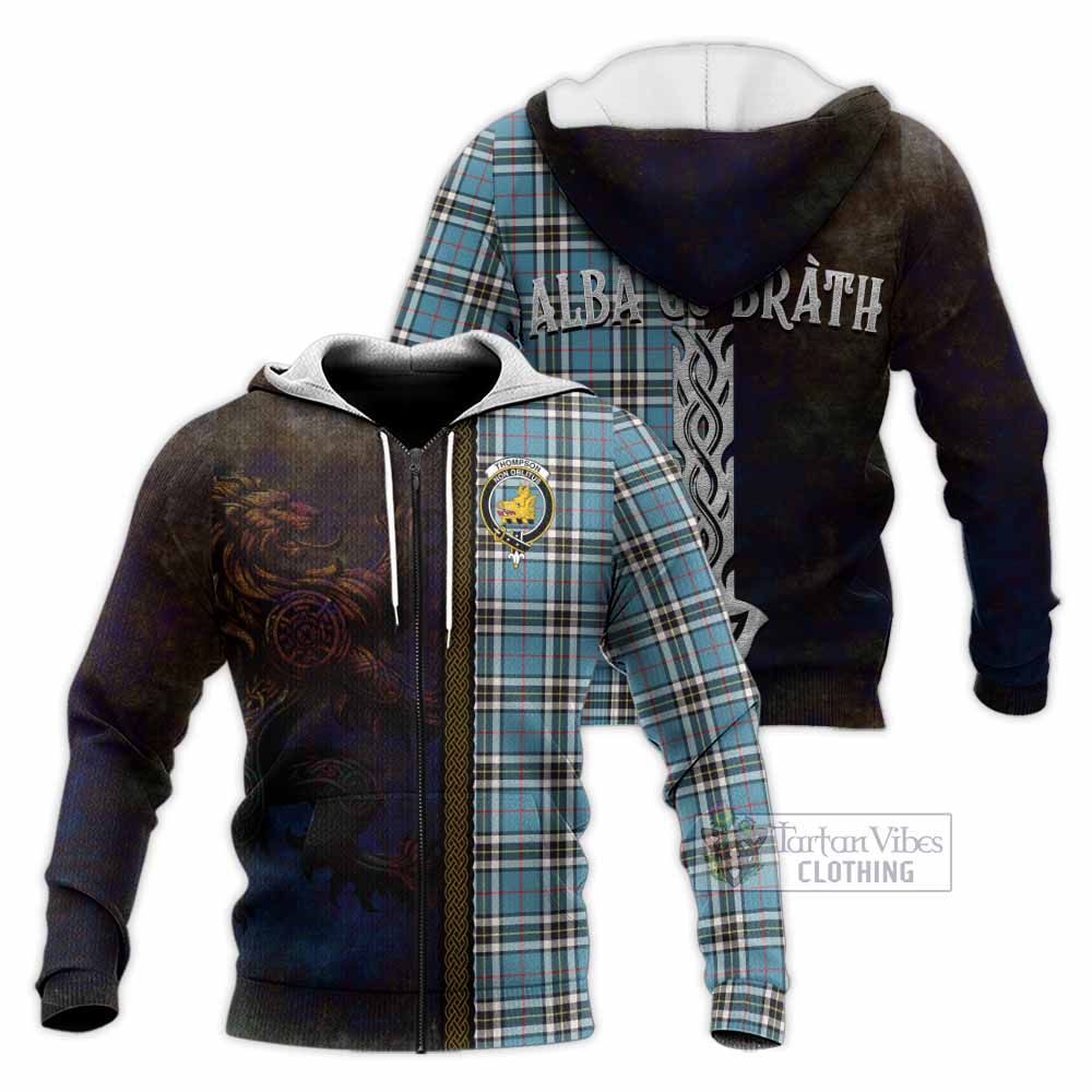 Tartan Vibes Clothing Thompson (Thomson) Tartan Family Crest Knitted Hoodie Alba Gu Brath Be Brave Lion Ancient Style