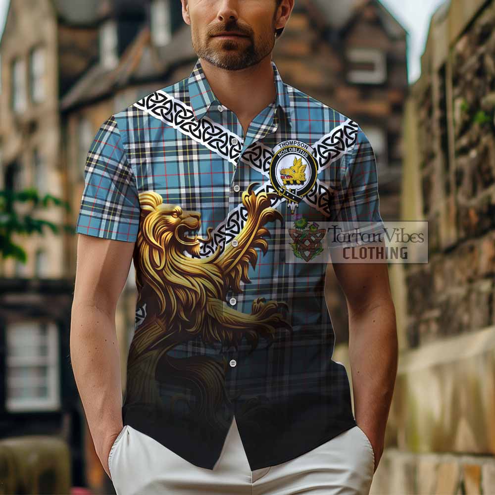 Tartan Vibes Clothing Thompson (Thomson) Crest Tartan Short Sleeve Button Shirt with Golden Lion Emblem Celtic Style