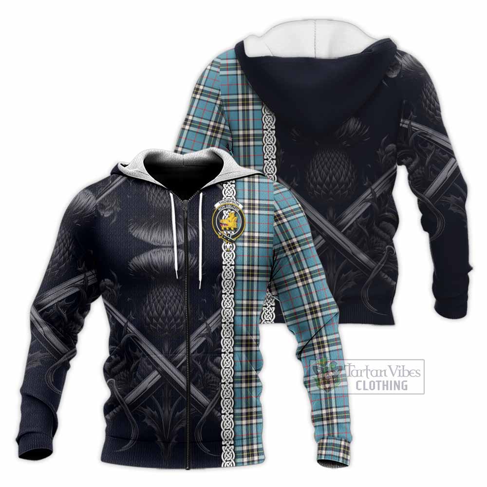 Tartan Vibes Clothing Thompson (Thomson) Tartan Knitted Hoodie with Family Crest Cross Sword Thistle Celtic Vibes