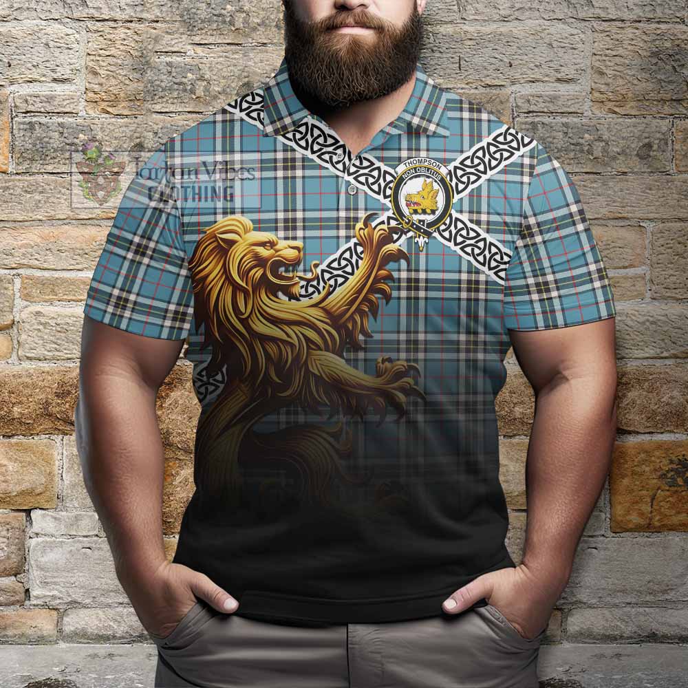 Tartan Vibes Clothing Thompson (Thomson) Crest Tartan Polo Shirt with Golden Lion Emblem Celtic Style