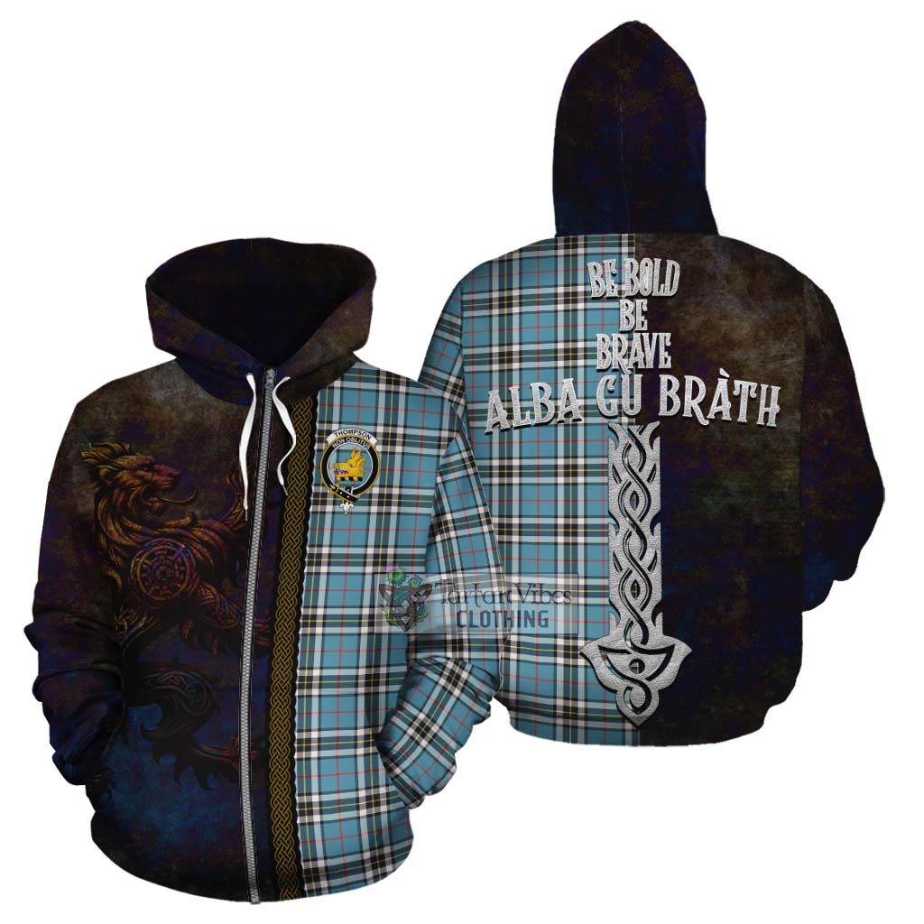 Tartan Vibes Clothing Thompson (Thomson) Tartan Family Crest Cotton Hoodie Alba Gu Brath Be Brave Lion Ancient Style