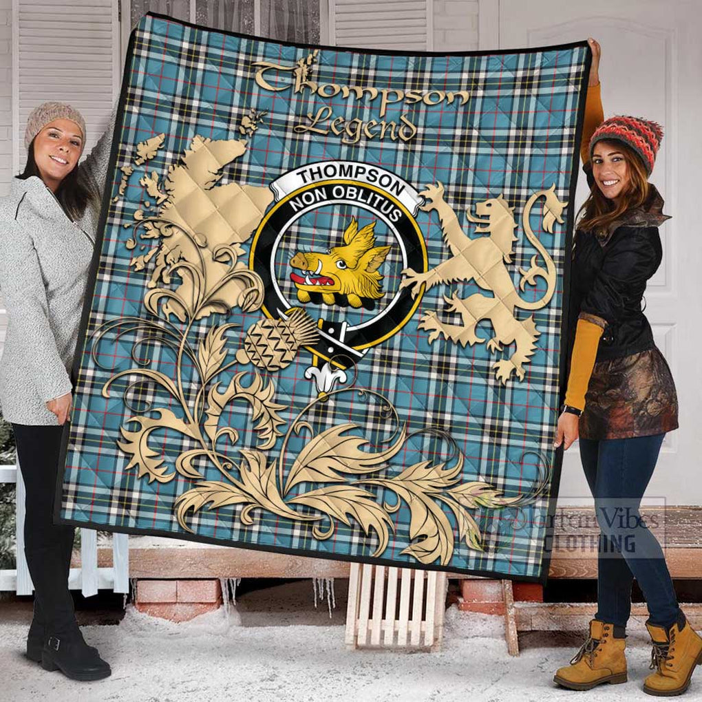 Tartan Vibes Clothing Thompson (Thomson) Tartan Quilt with Family Crest and Scottish Symbol Style