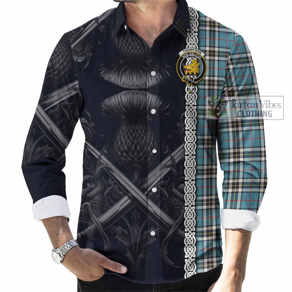Tartan Vibes Clothing Thompson (Thomson) Tartan Long Sleeve Button Shirt with Family Crest Cross Sword Thistle Celtic Vibes