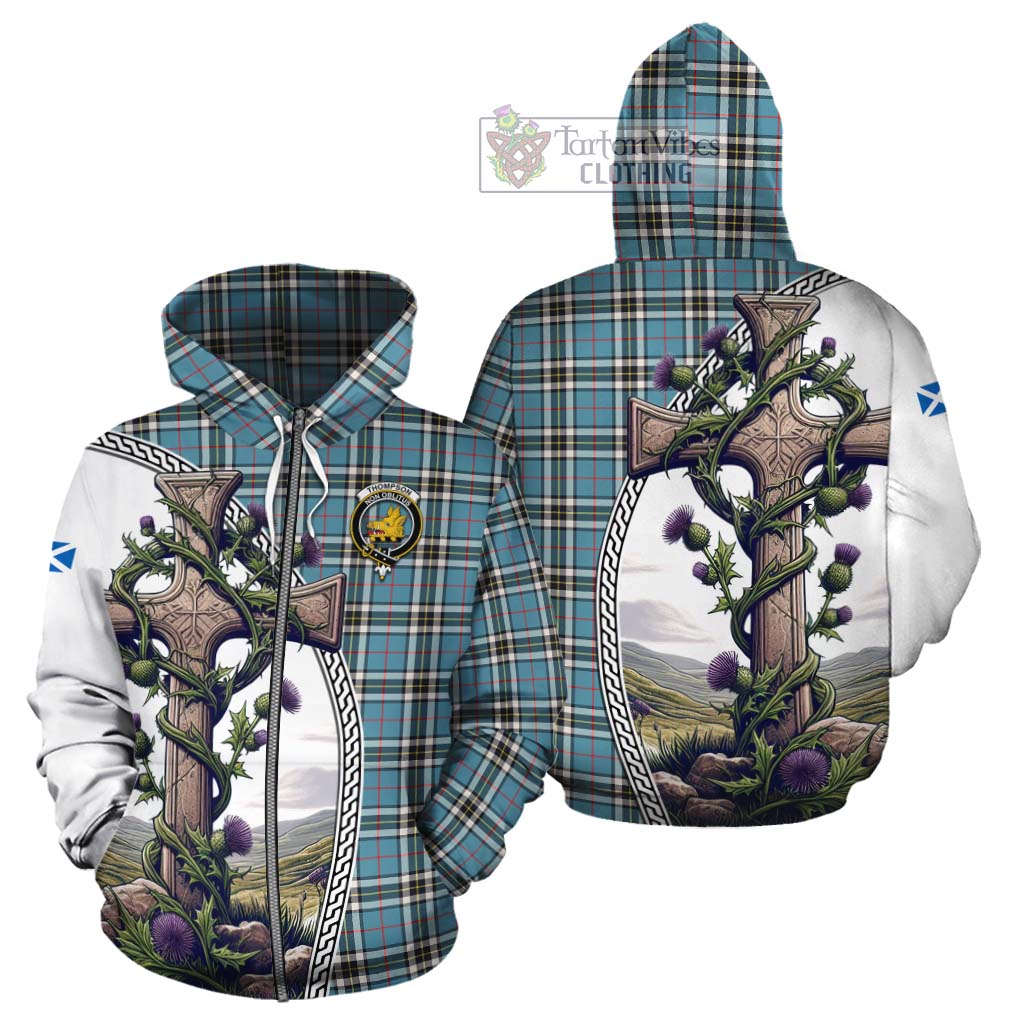 Tartan Vibes Clothing Thompson (Thomson) Tartan Cotton Hoodie with Family Crest and St. Andrew's Cross Accented by Thistle Vines