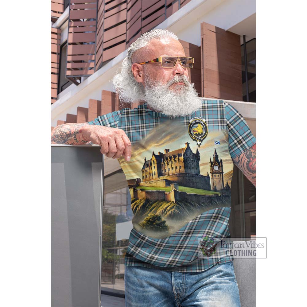 Tartan Vibes Clothing Thompson (Thomson) Tartan Family Crest Cotton T-shirt with Scottish Ancient Castle Style