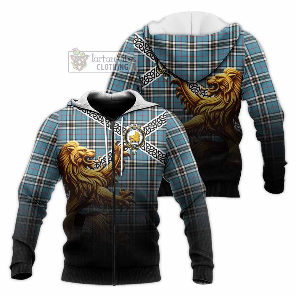 Tartan Vibes Clothing Thompson (Thomson) Crest Tartan Knitted Hoodie with Golden Lion Emblem Celtic Style