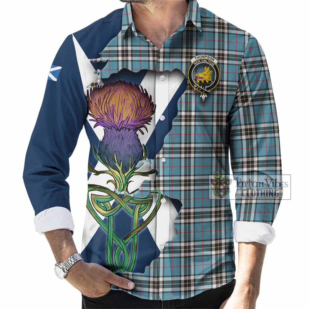 Tartan Vibes Clothing Thompson (Thomson) Tartan Family Crest Long Sleeve Button Shirt Scottish Thistle Celtic Inspired