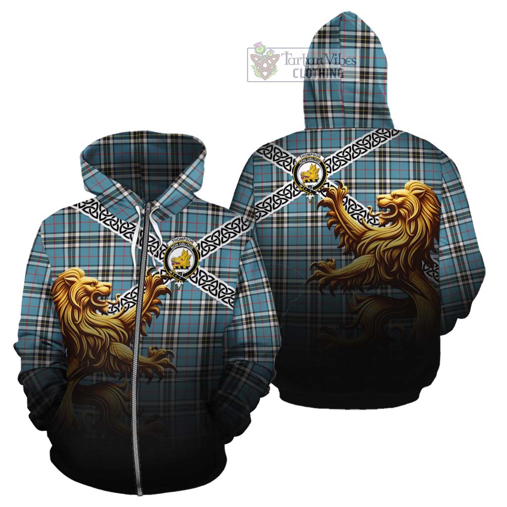 Tartan Vibes Clothing Thompson (Thomson) Crest Tartan Cotton Hoodie with Golden Lion Emblem Celtic Style
