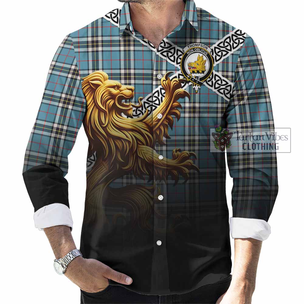 Tartan Vibes Clothing Thompson (Thomson) Crest Tartan Long Sleeve Button Shirt with Golden Lion Emblem Celtic Style
