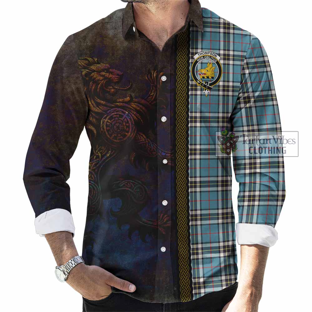 Tartan Vibes Clothing Thompson (Thomson) Tartan Family Crest Long Sleeve Button Shirt Alba Gu Brath Be Brave Lion Ancient Style