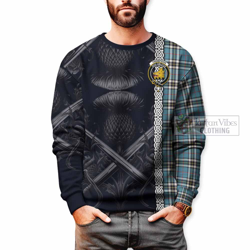 Tartan Vibes Clothing Thompson (Thomson) Tartan Sweatshirt with Family Crest Cross Sword Thistle Celtic Vibes