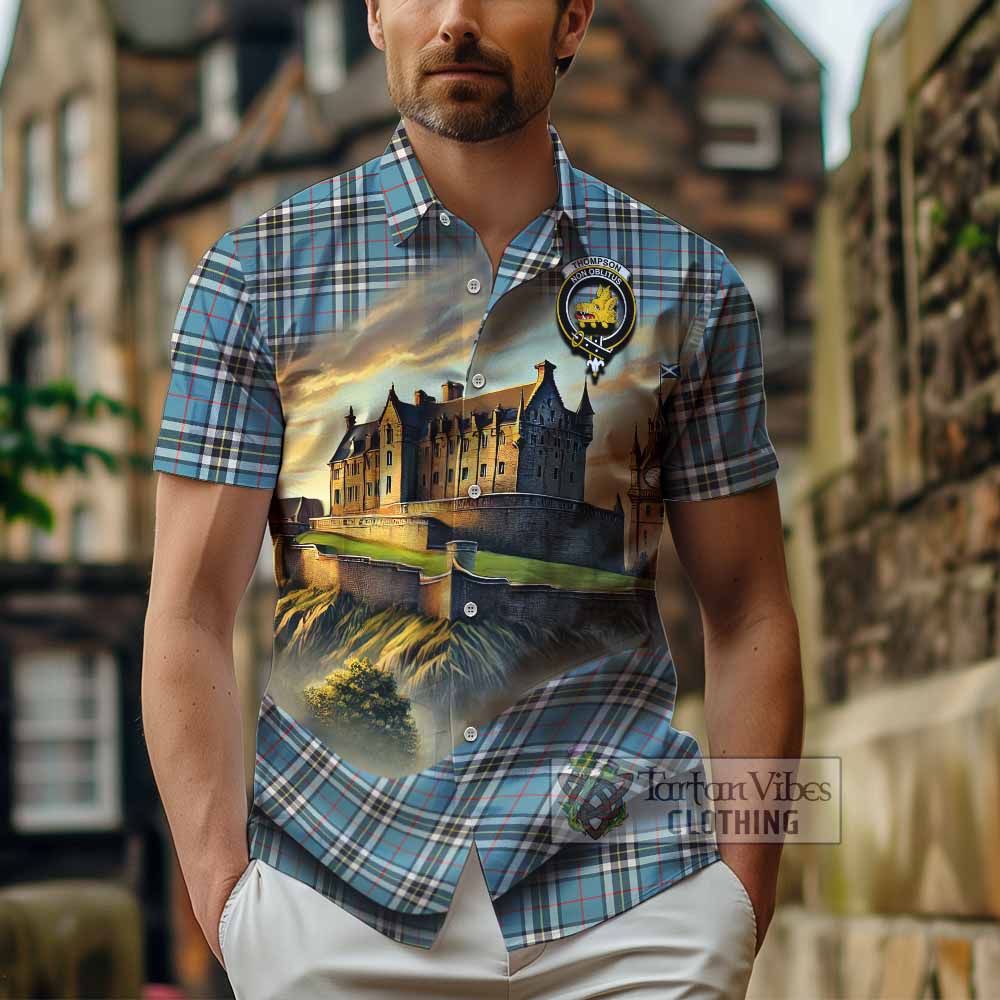 Tartan Vibes Clothing Thompson (Thomson) Tartan Family Crest Short Sleeve Button Shirt with Scottish Ancient Castle Style
