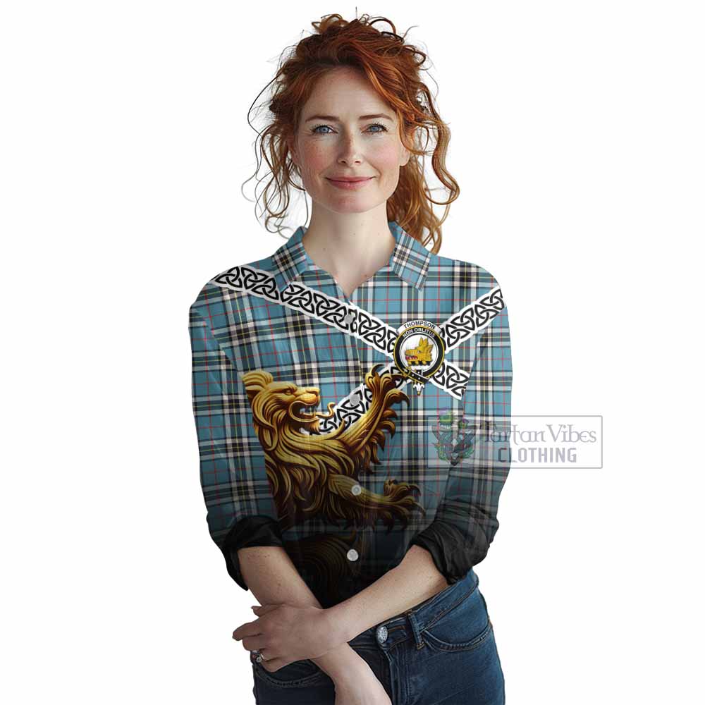 Tartan Vibes Clothing Thompson (Thomson) Crest Tartan Women's Casual Shirt with Golden Lion Emblem Celtic Style