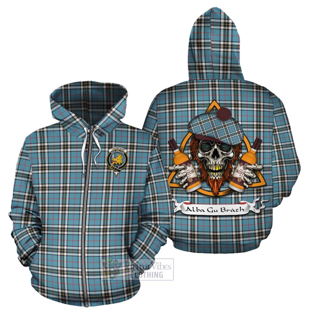 Tartan Vibes Clothing Thompson (Thomson) Tartan Cotton Hoodie with Family Crest and Bearded Skull Holding Bottles of Whiskey