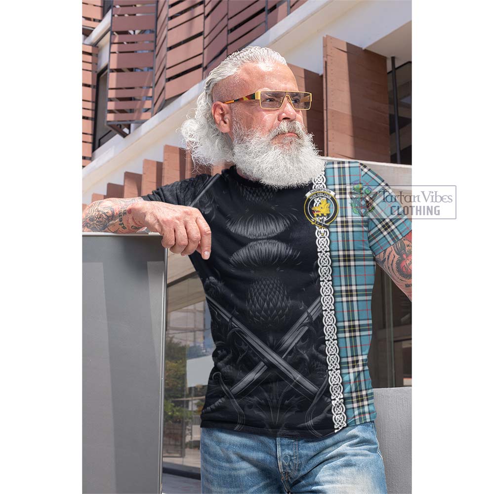 Tartan Vibes Clothing Thompson (Thomson) Tartan Cotton T-shirt with Family Crest Cross Sword Thistle Celtic Vibes