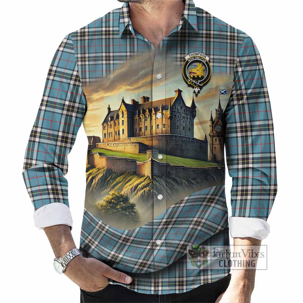 Tartan Vibes Clothing Thompson (Thomson) Tartan Family Crest Long Sleeve Button Shirt with Scottish Ancient Castle Style