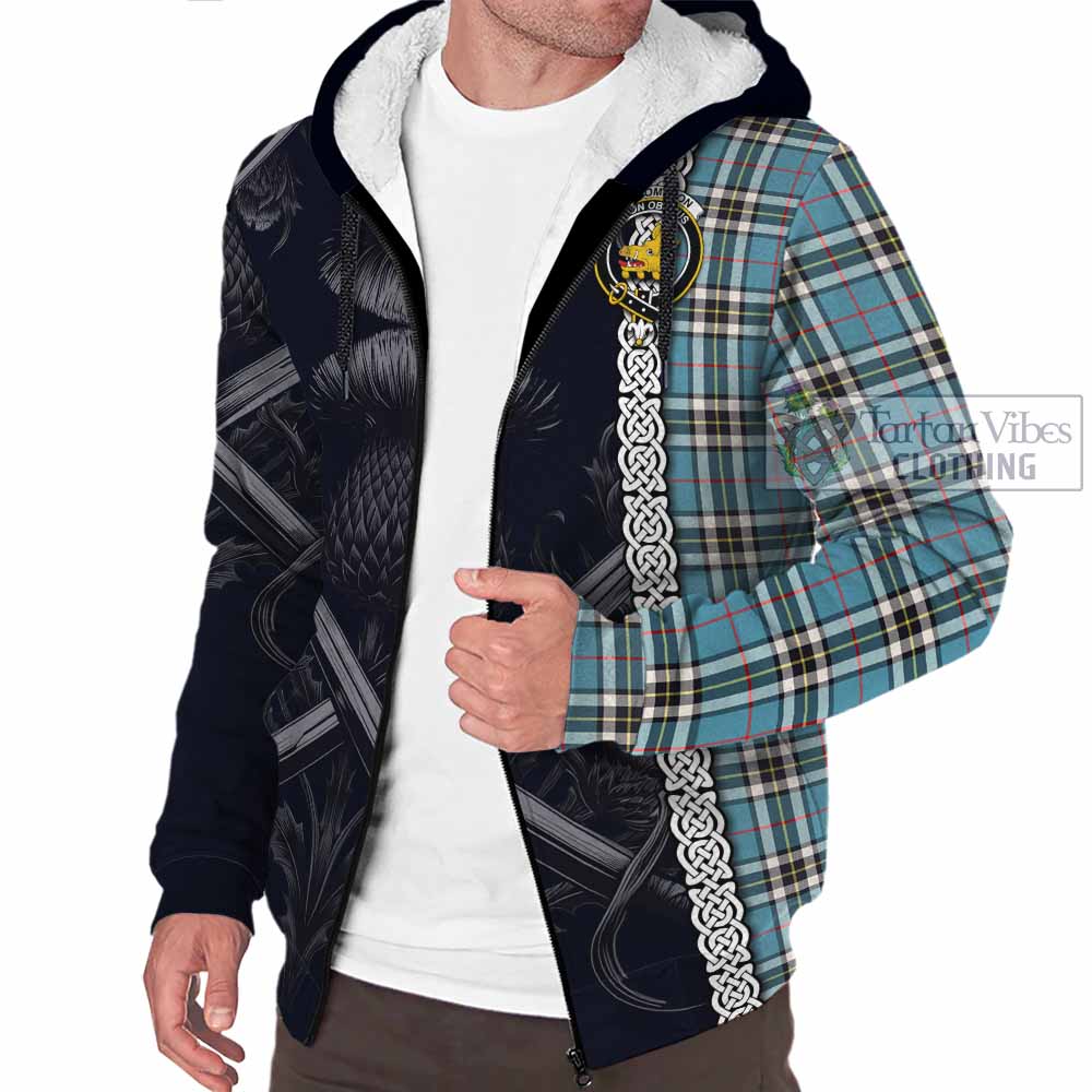 Tartan Vibes Clothing Thompson (Thomson) Tartan Sherpa Hoodie with Family Crest Cross Sword Thistle Celtic Vibes