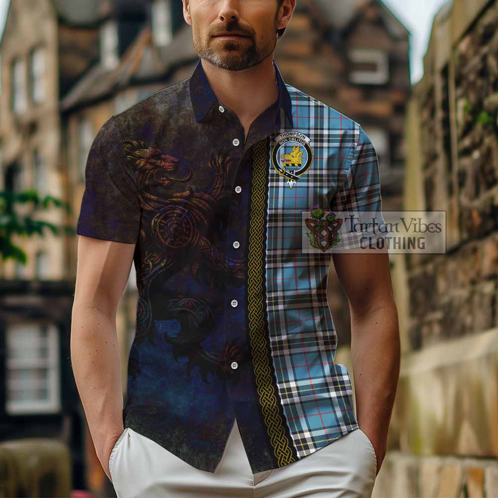 Tartan Vibes Clothing Thompson (Thomson) Tartan Family Crest Short Sleeve Button Shirt Alba Gu Brath Be Brave Lion Ancient Style
