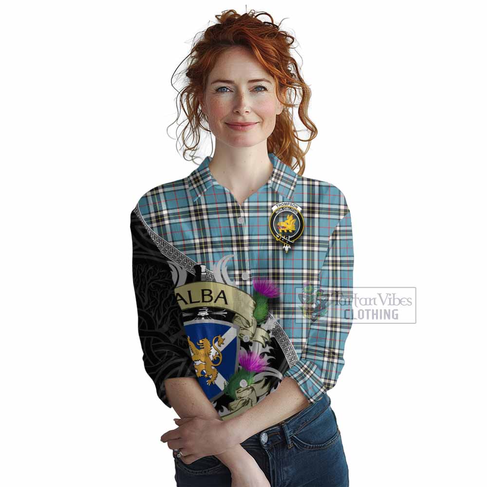 Tartan Vibes Clothing Thompson (Thomson) Tartan Family Crest Women's Casual Shirt Lion Rampant Royal Thistle Shield Celtic Inspired