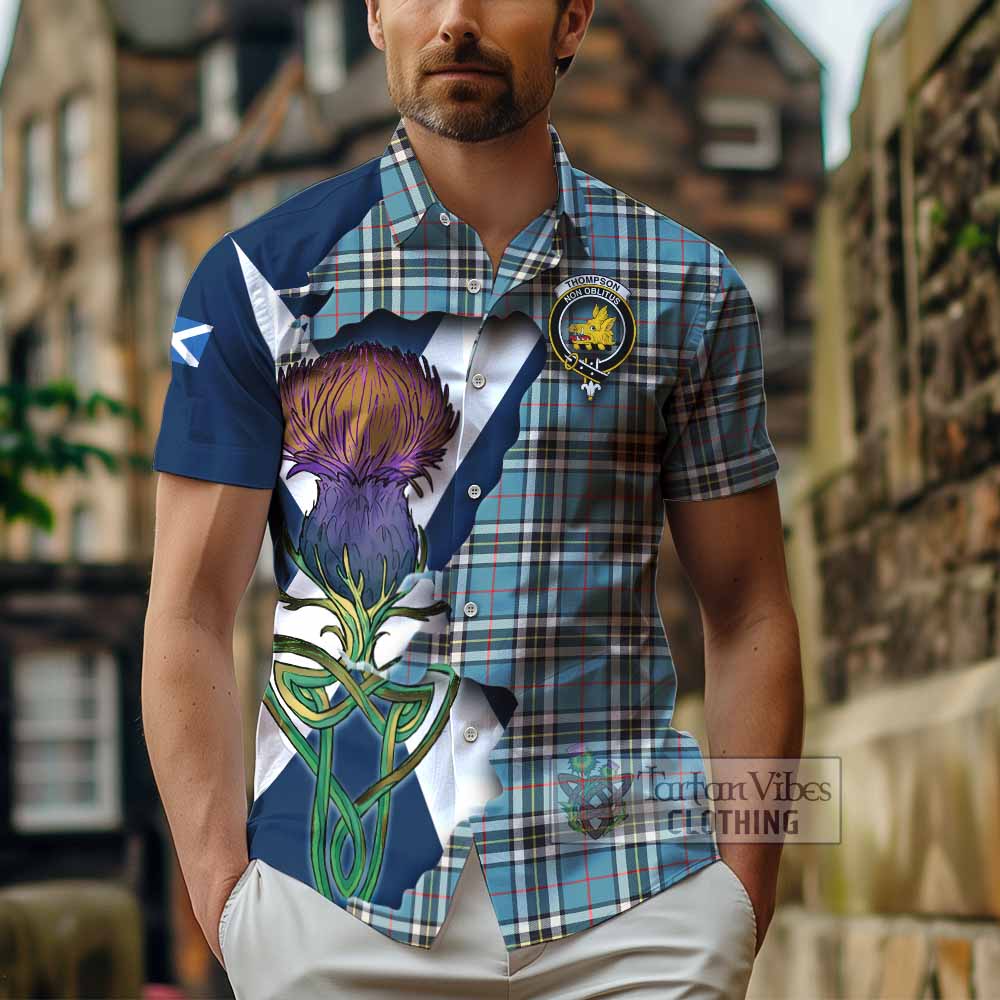 Tartan Vibes Clothing Thompson (Thomson) Tartan Family Crest Short Sleeve Button Shirt Scottish Thistle Celtic Inspired
