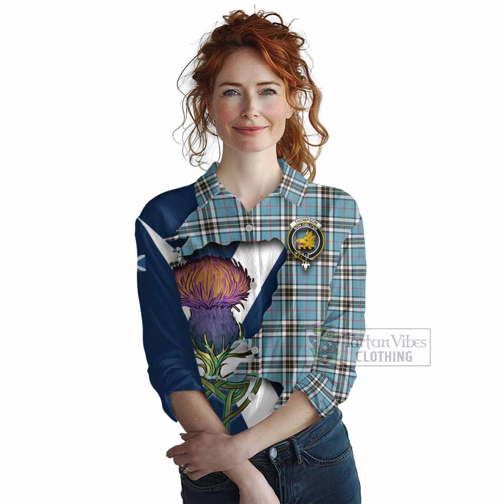 Tartan Vibes Clothing Thompson (Thomson) Tartan Family Crest Women's Casual Shirt Scottish Thistle Celtic Inspired
