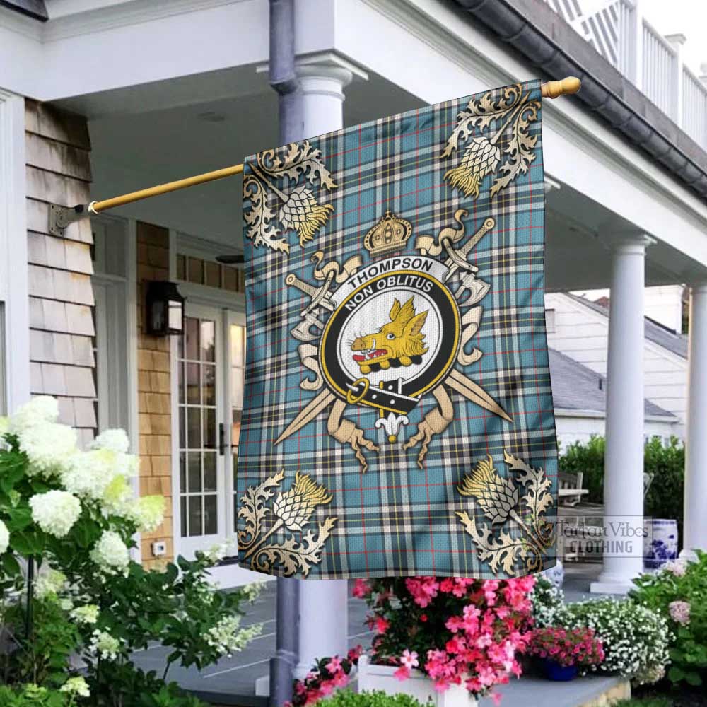 Tartan Vibes Clothing Thompson (Thomson) Tartan Flag with Family Crest and Golden Thistle Crossed Sword Design