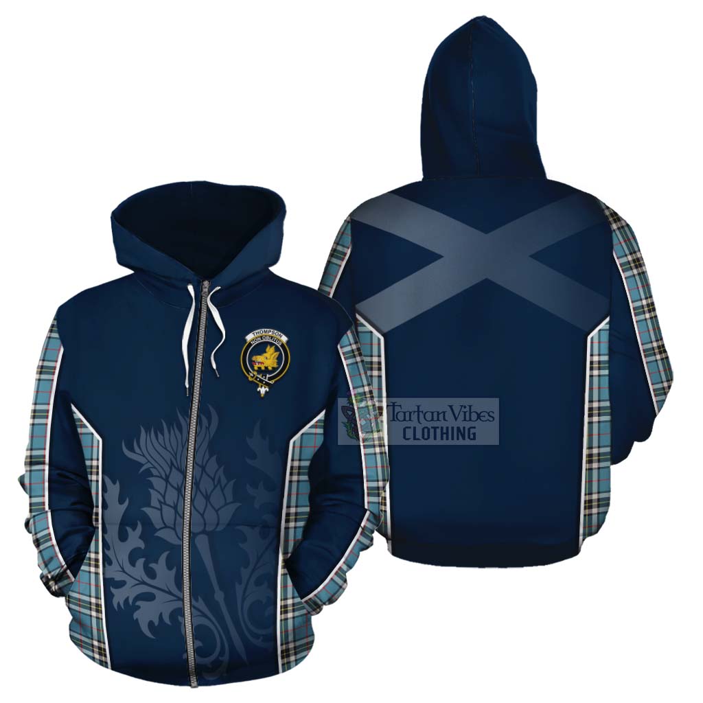 Tartan Vibes Clothing Thompson (Thomson) Tartan Cotton Hoodie with Family Crest and Scottish Thistle Vibes Sport Style