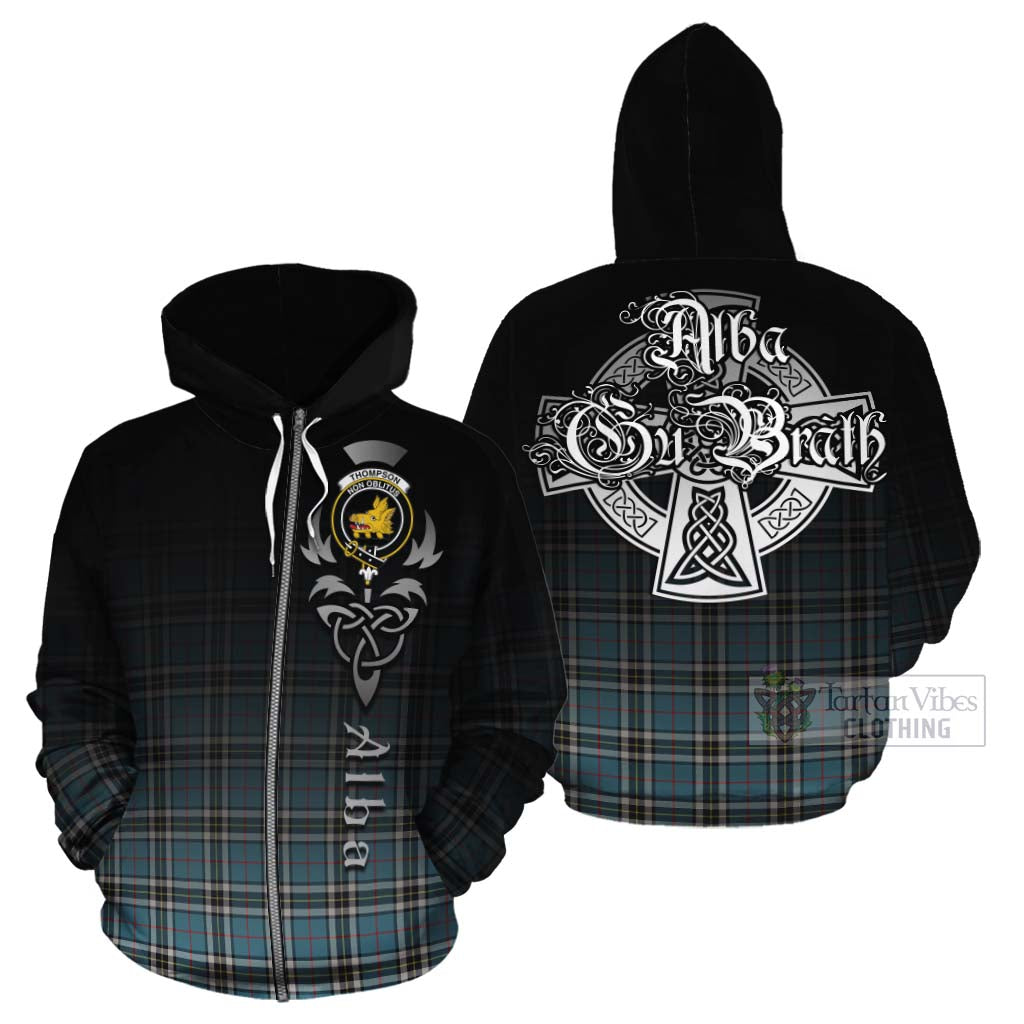 Tartan Vibes Clothing Thompson (Thomson) Tartan Cotton Hoodie Featuring Alba Gu Brath Family Crest Celtic Inspired