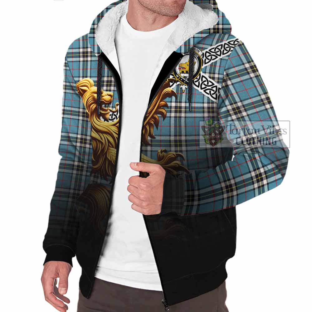 Tartan Vibes Clothing Thompson (Thomson) Crest Tartan Sherpa Hoodie with Golden Lion Emblem Celtic Style